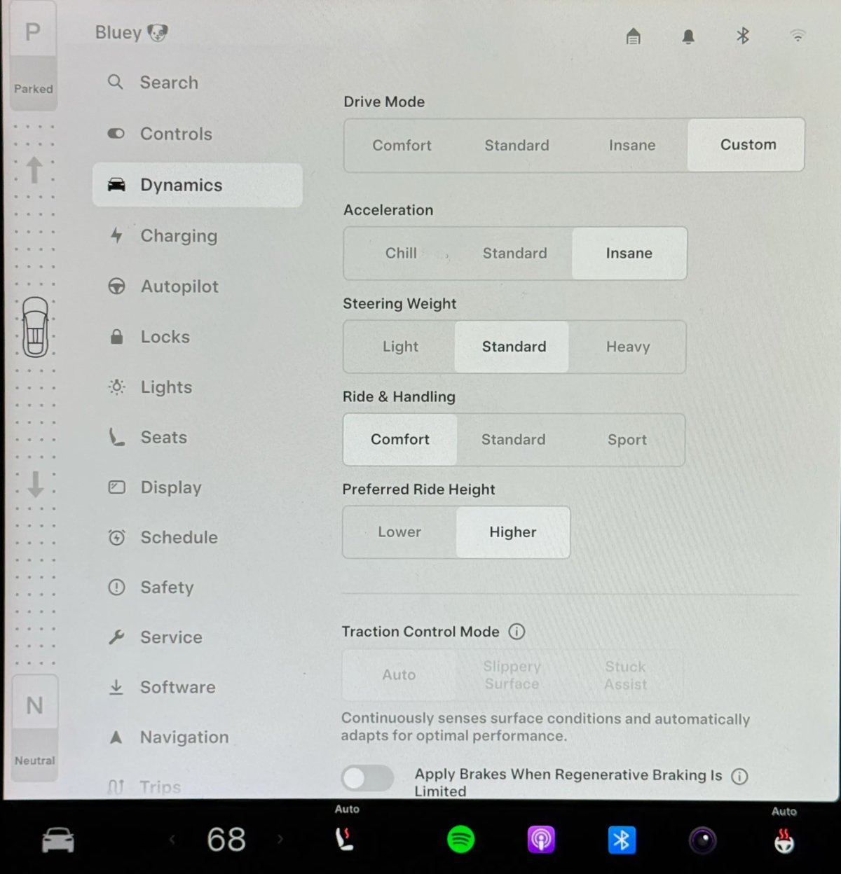 The simplified suspension menu on 2026 Model S and Model X vehicles